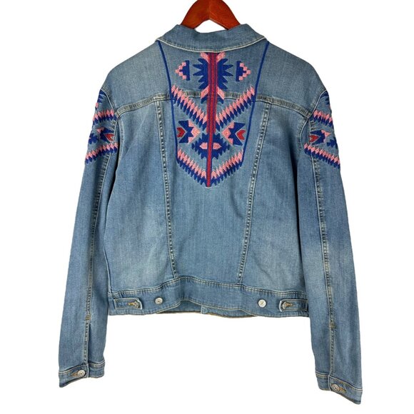 Lularoe Kenny Jacket XL Southwestern Aztec Embroidered Blue Stretch Denim - Picture 3 of 10